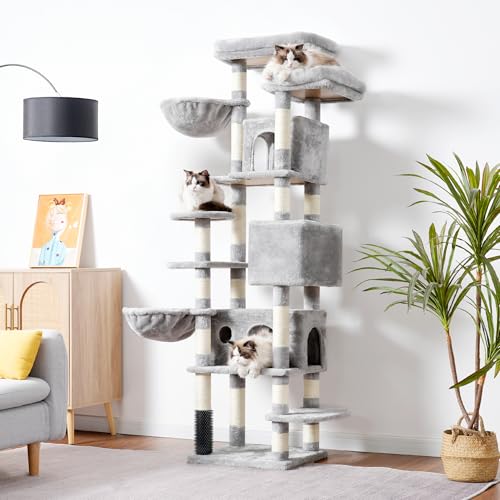Light Gray 74 inches Multi-Level XL Cat Tree with Three Cat Condos and Two Top Decks G81476