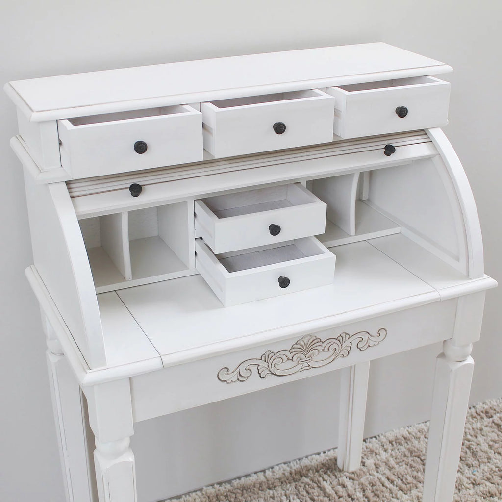 Antique White Hand-Carved 3-Drawer Roll Top Desk G418