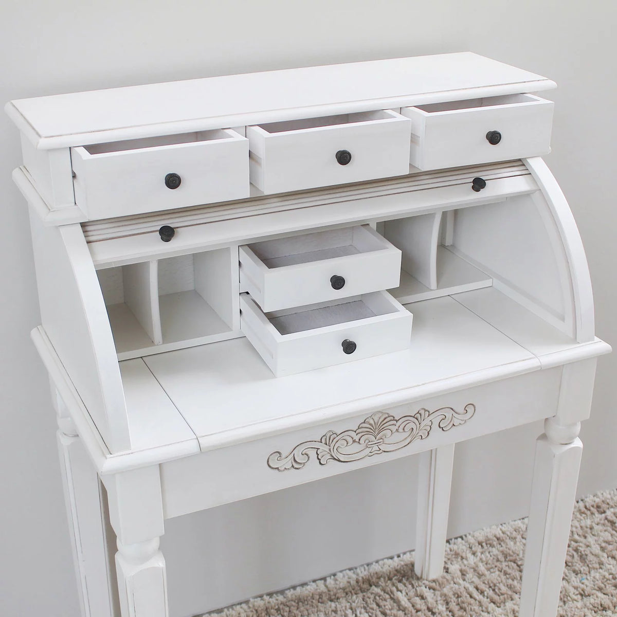 Antique White Hand-Carved 3-Drawer Roll Top Desk G418