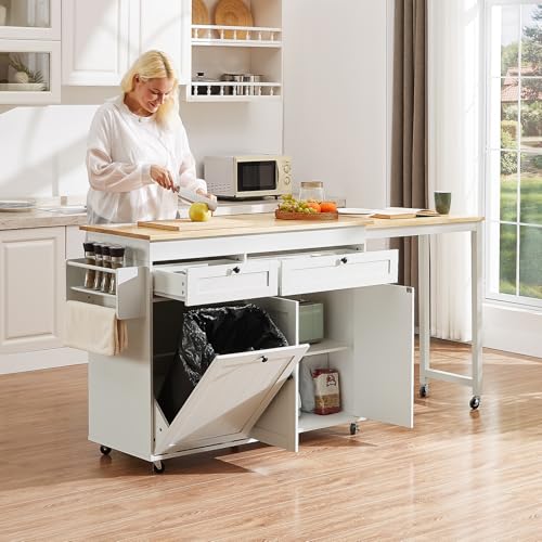 White Mobile Kitchen Island with Extendable Dining Table T317