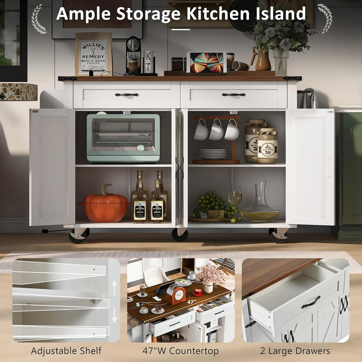White Kitchen Island with Power Outlet and Drop Leaf V651371