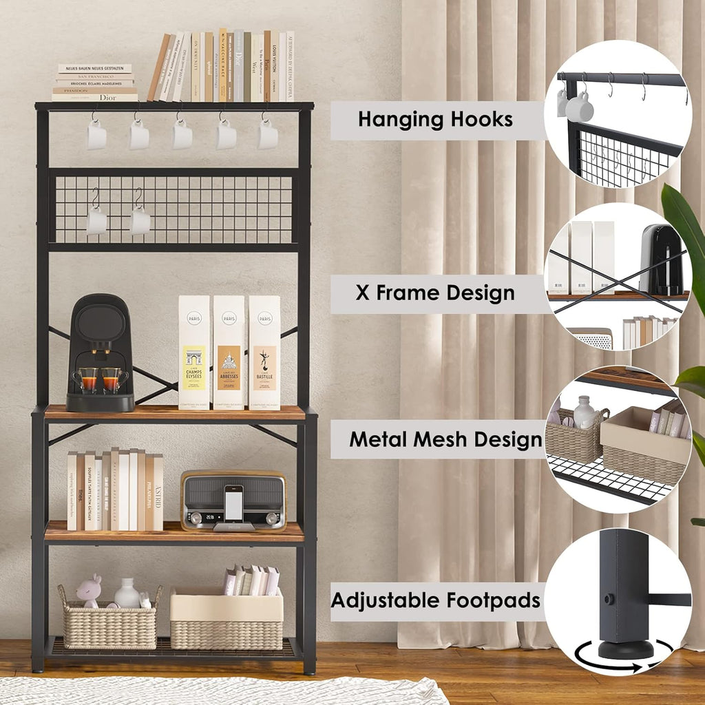 Rustic Brown 4-Tier Baker's Rack with 5 Hooks X56751