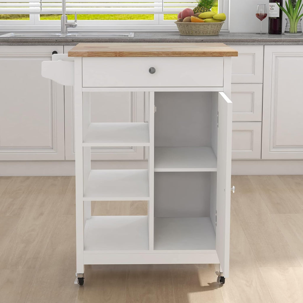 White Solid Wood Top Kitchen Island on Wheels with Single Door and One Drawer Towel Rack I598009