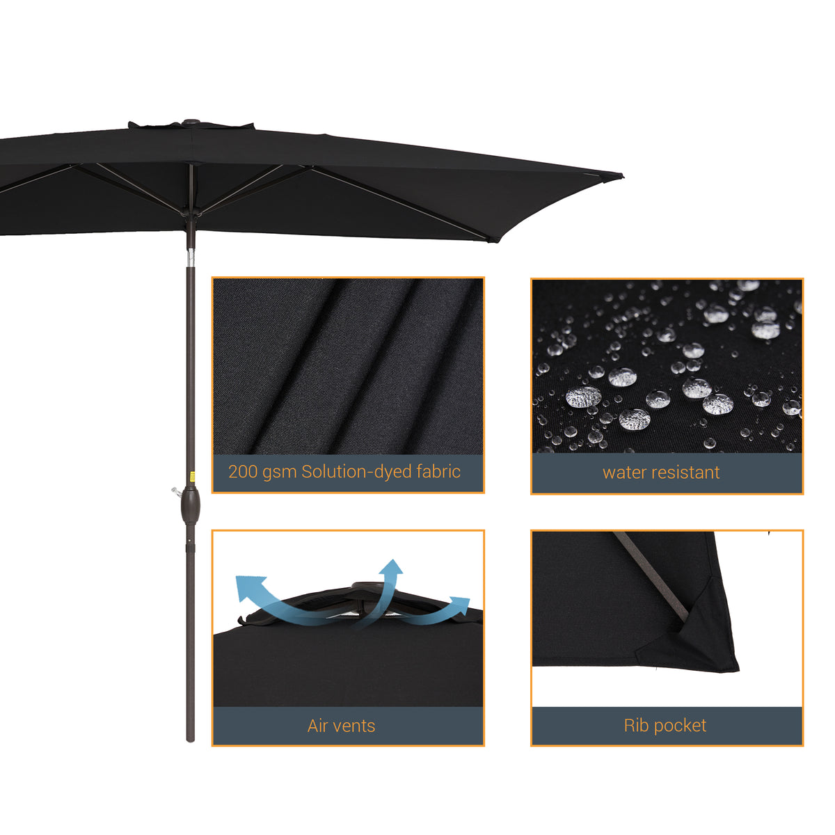 10 x 6.5ft Outdoor Patio Rectangular Table Umbrella with Hand Crank and Push Button Tilt, Black X30596