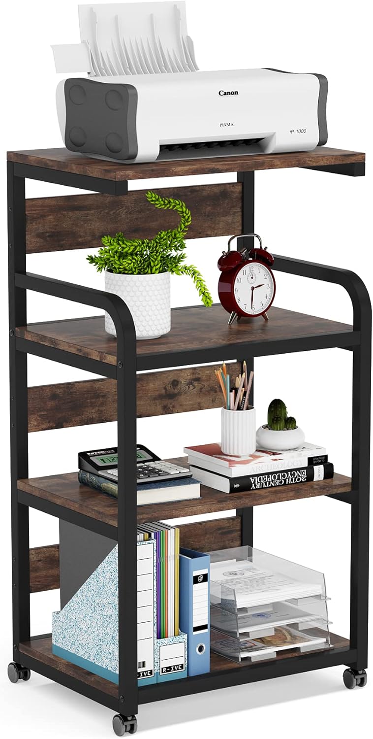 Rustic Brown 4-Shelf Mobile Printer Stand with Storage Shelves on Wheels B699450