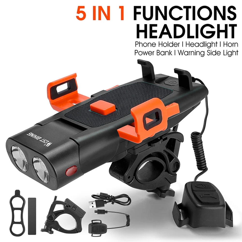5in1 Bike Front Bracket Lamp Horn Mobilephone Holder Warning Bell Powerbanks USB Rechargeable Cycling Accessories N922