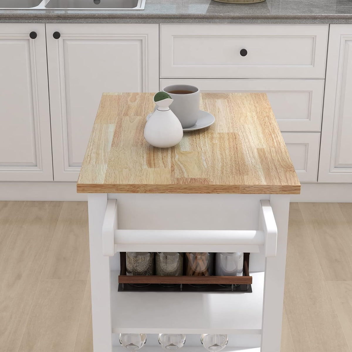 White Solid Wood Top Kitchen Island on Wheels with Single Door and One Drawer Towel Rack I598009