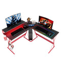 Red L-Shaped LED Gaming Computer Desk with Cup Holder and Headphone Hook Z341