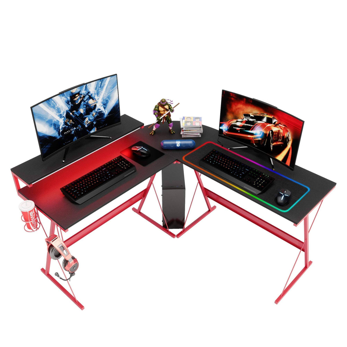 Red L-Shaped LED Gaming Computer Desk with Cup Holder and Headphone Hook Z341