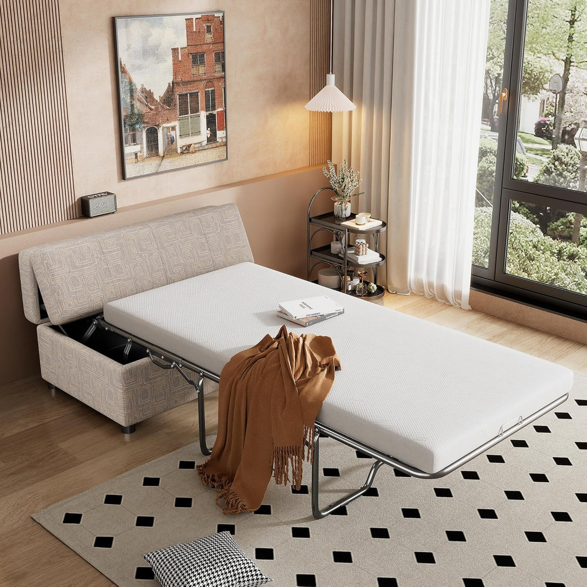 Twin Size Folding Ottoman Sleeper Bed with Mattress Convertible Guest Bed Light Gray Couch Sofa E324980