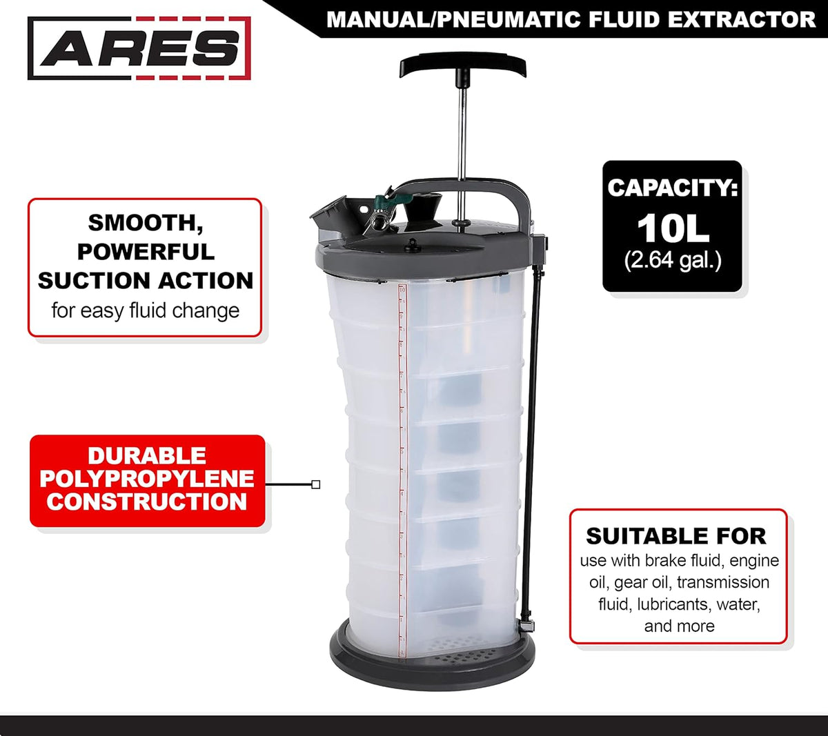 Manual/Pneumatic Fluid Extractor with Brake Bleeder Adapter, 10L Capacity, Polypropylene U665