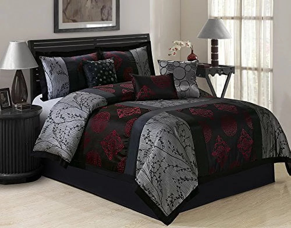 7 Piece Queen Gray/Red Jacquard Comforter Set D845625