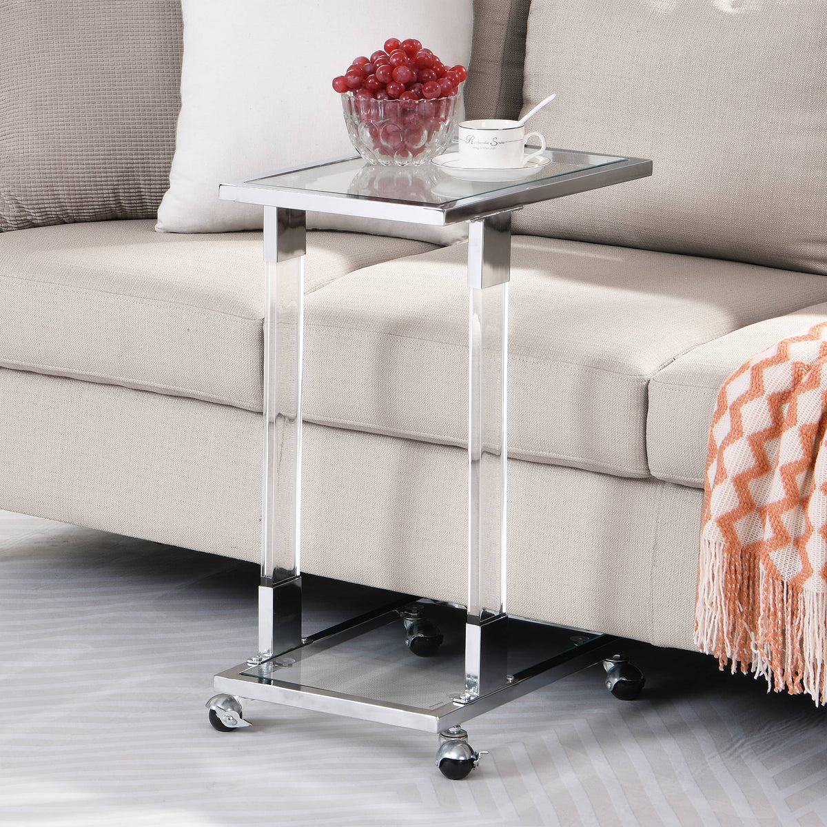 Chrome Glass C Shape Square Side Table with Metal Base I45891