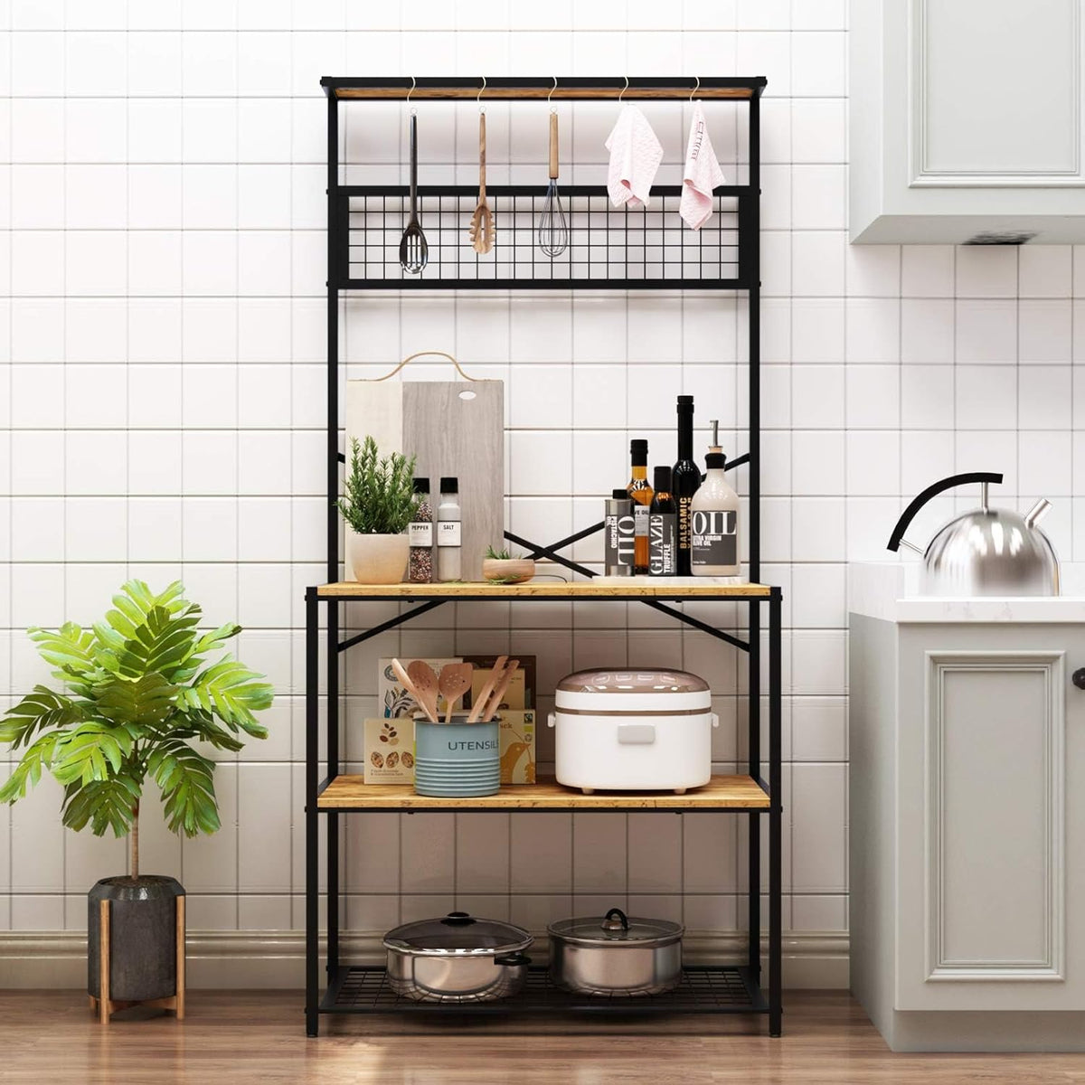 Rustic Brown 4-Tier Baker's Rack with 5 Hooks X56751