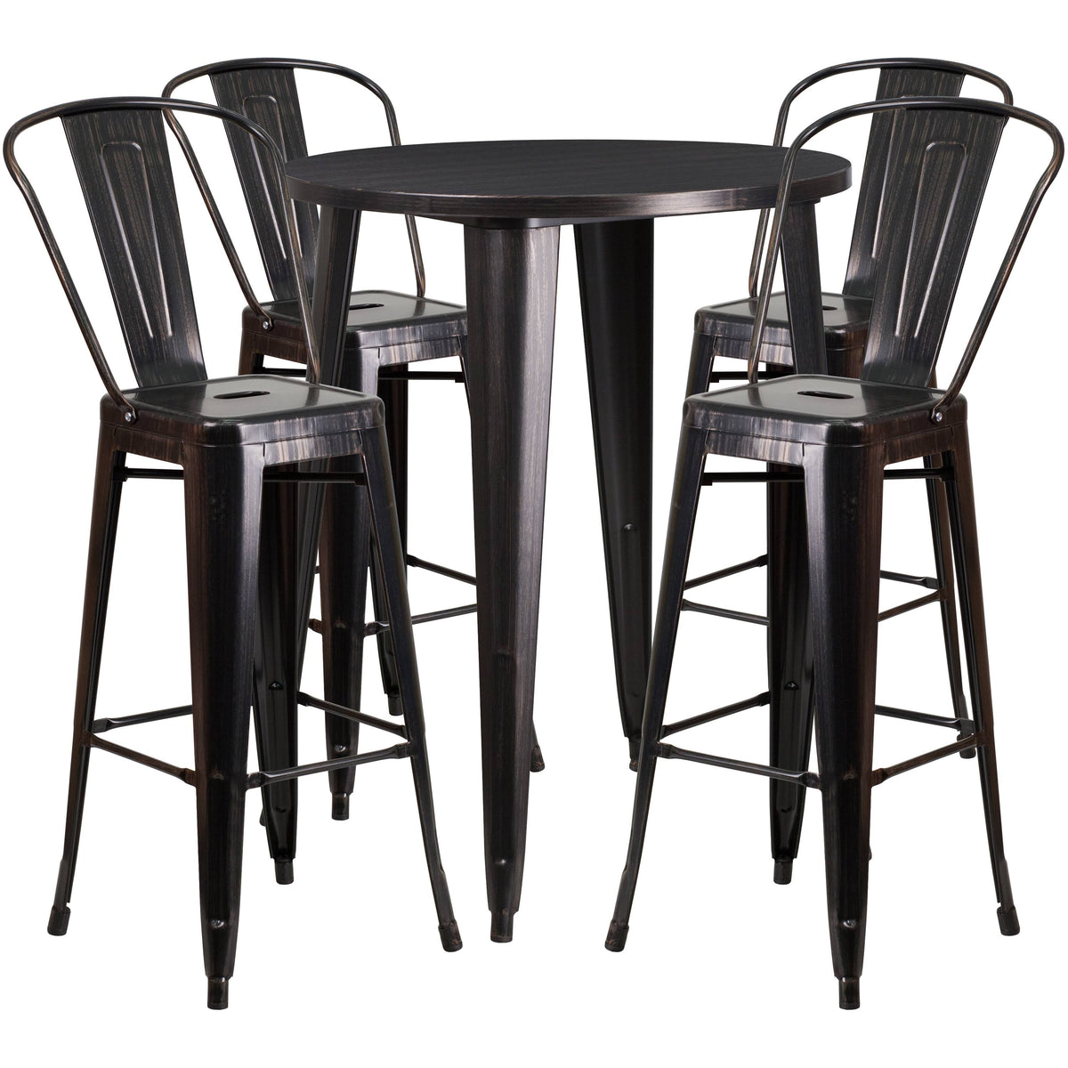 Black-Antique Gold Metal Indoor-Outdoor Bar Table Set with 4 Cafe Stools Z869742