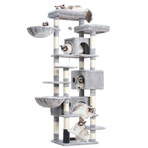 Light Gray 74 inches Multi-Level XL Cat Tree with Three Cat Condos and Two Top Decks G81476