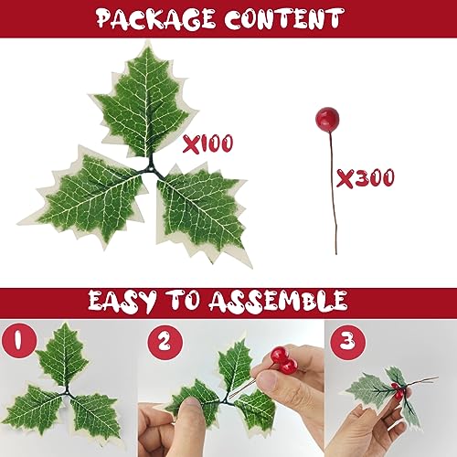Artificial Holly Berries with Green Leaves R6608
