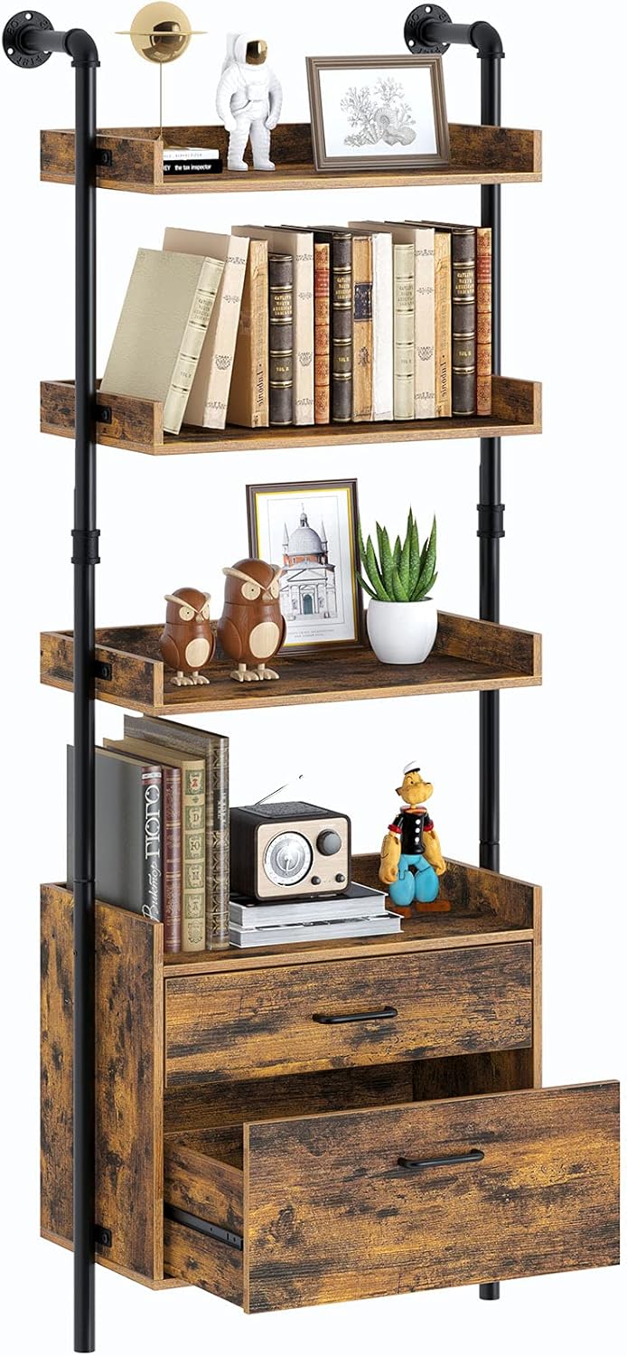 Industrial 4-Tier Bookshelf with 2 Wood Drawers D1667