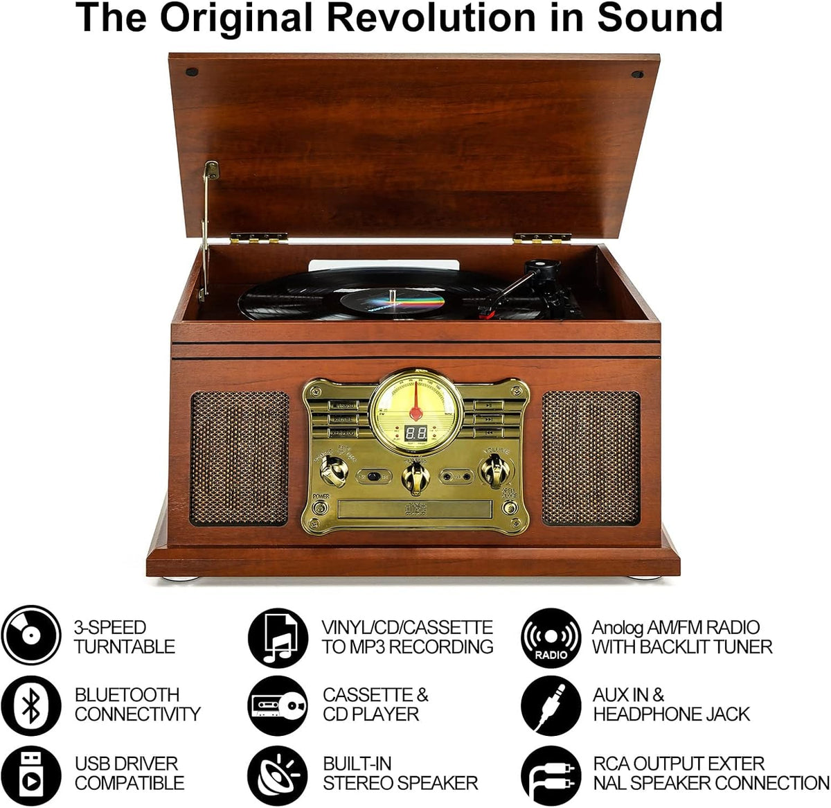 Mahogany Bluetooth Record Player Turntable with Speakers I91111