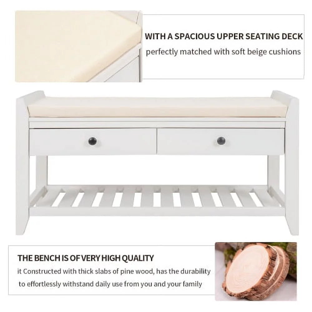 White Shoe Rack with Cushioned Seat and Drawers D99367