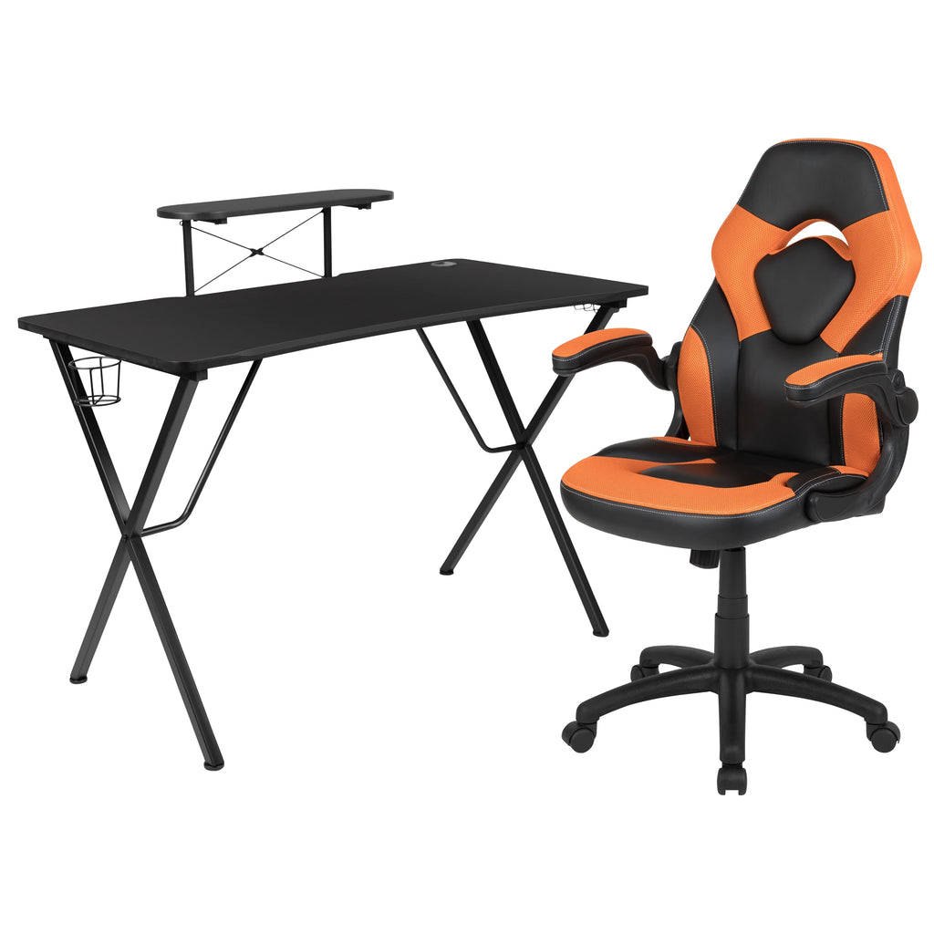 Black/Orange Gaming Desk Set with Cup Holder Y20540