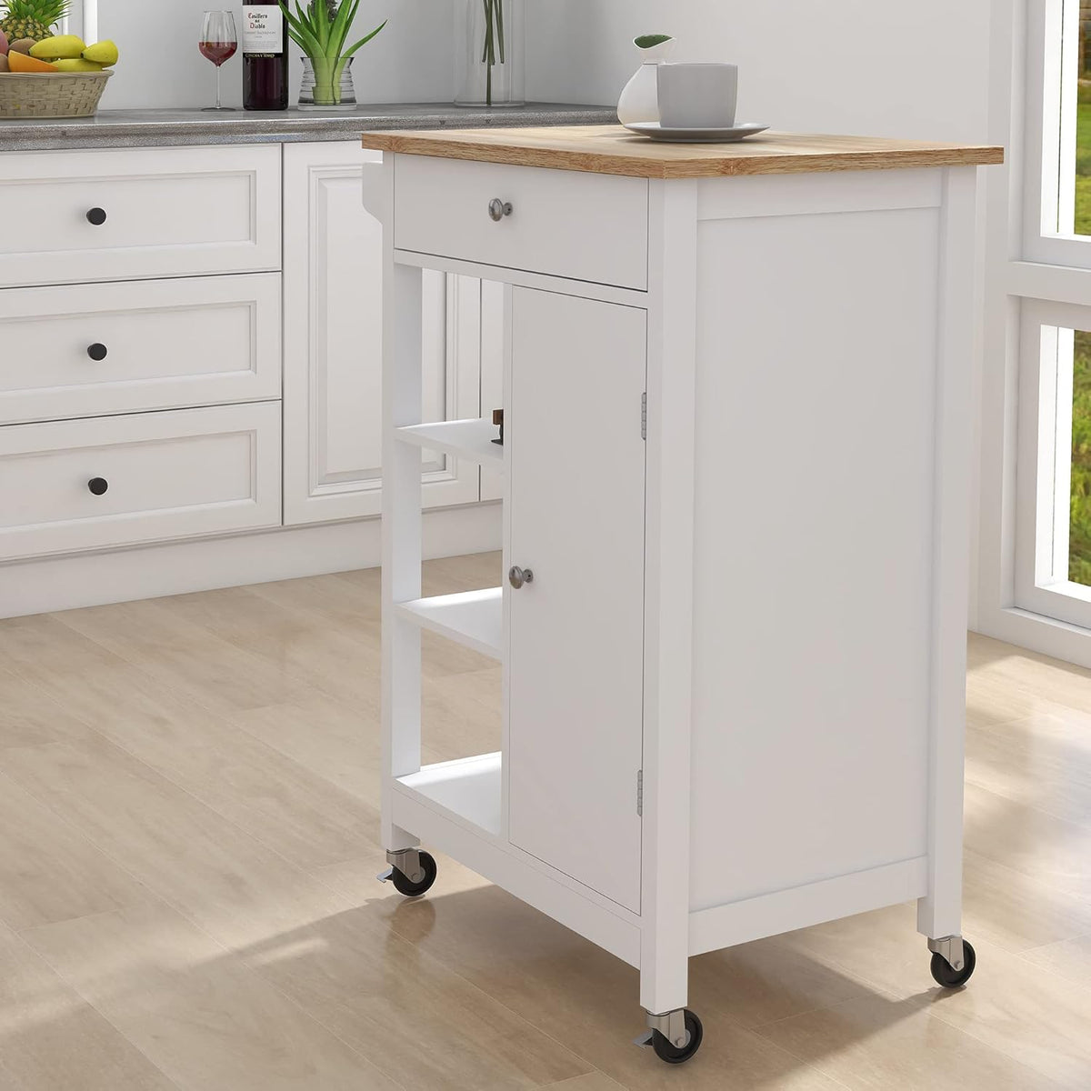 White Solid Wood Top Kitchen Island on Wheels with Single Door and One Drawer Towel Rack I598009