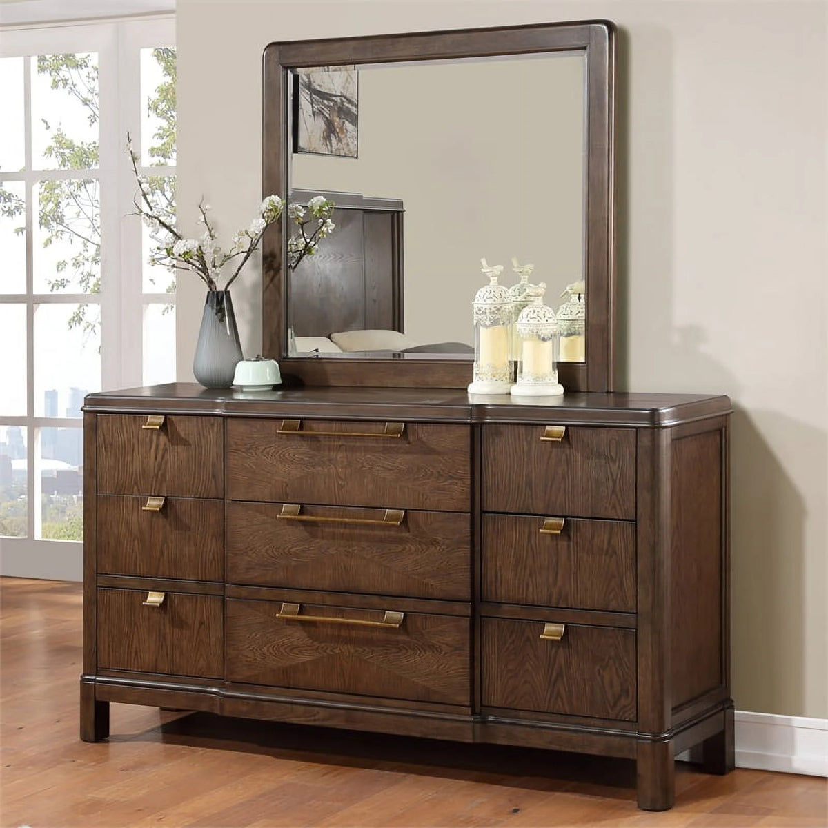 Walnut Brown Wood 6-drawer Dresser and Mirror G730864