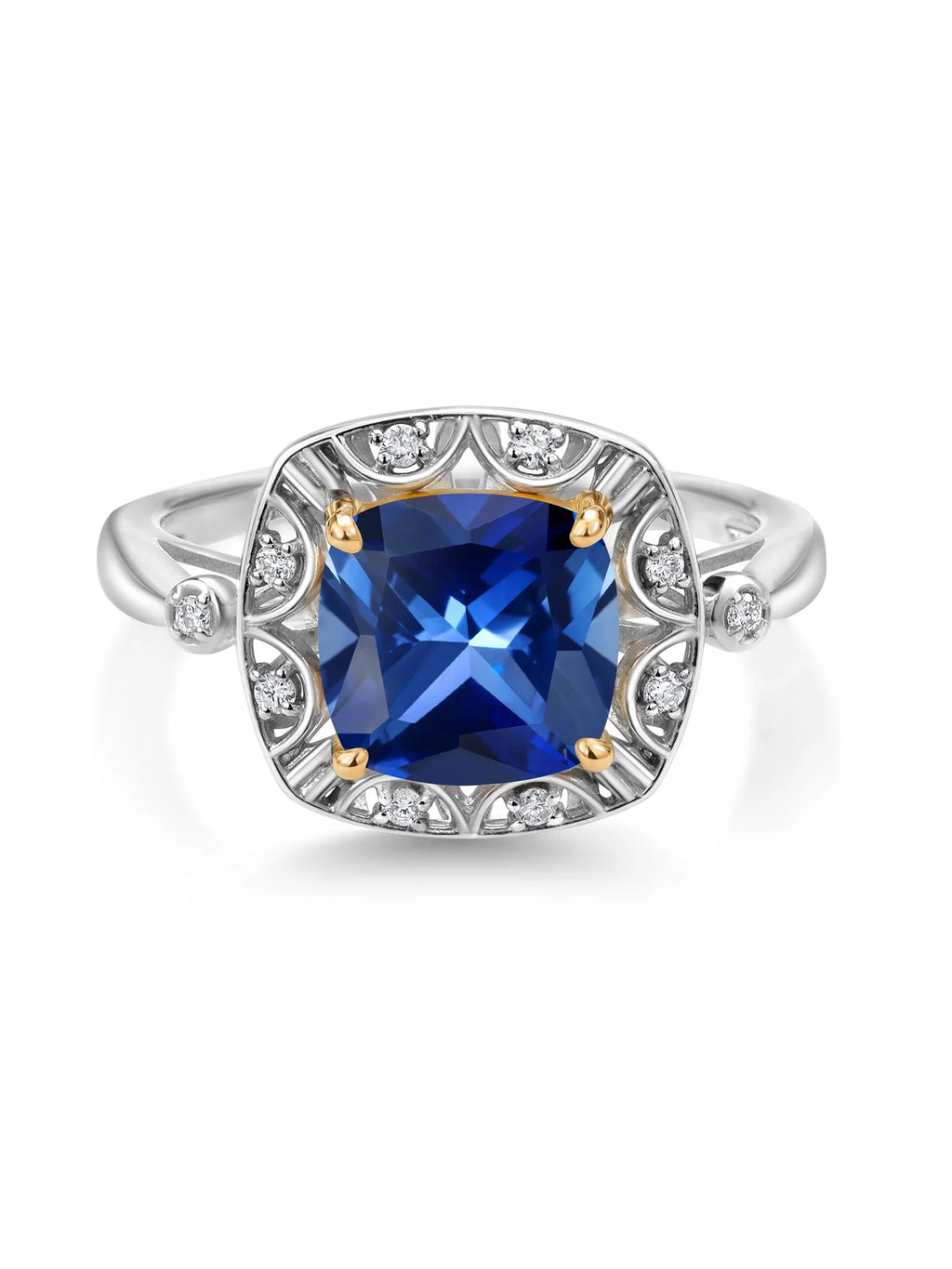 925 Sterling Silver 10k Yellow Gold Blue Created Sapphire White Lab Grown Diamond Engagement Ring U337175