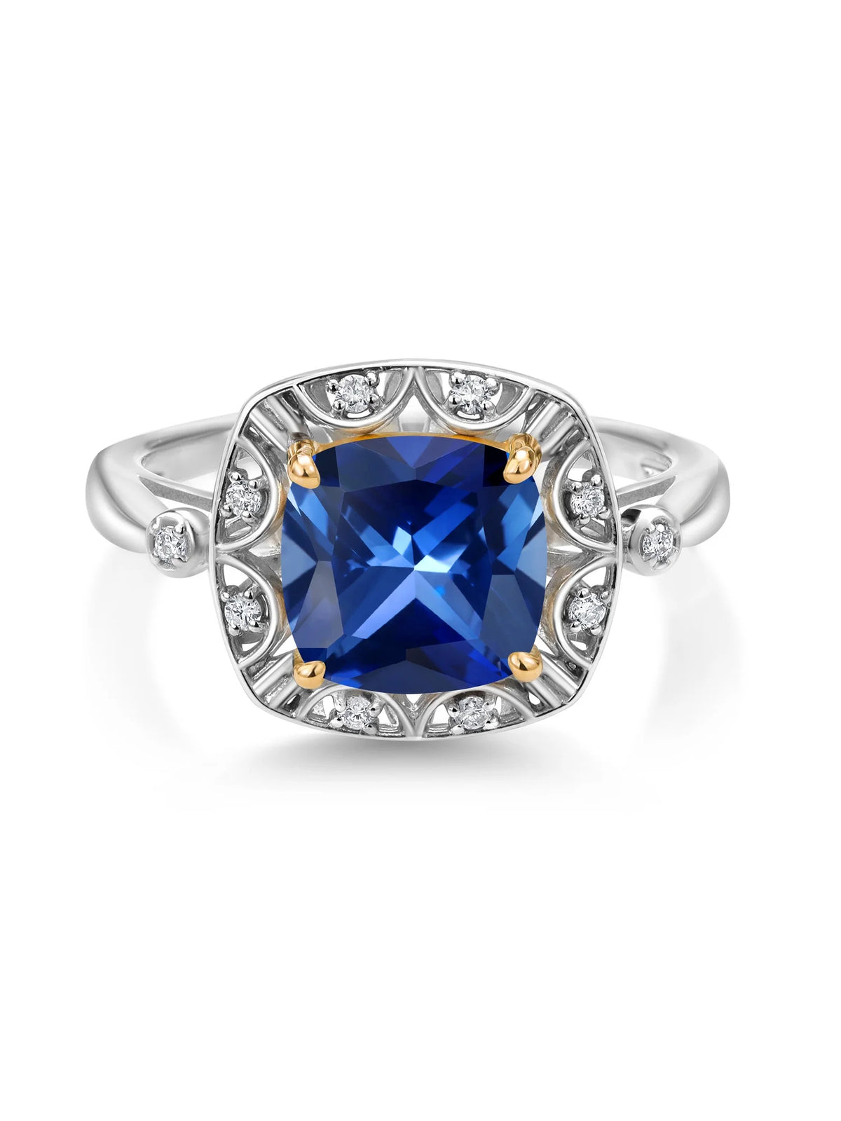 925 Sterling Silver 10k Yellow Gold Blue Created Sapphire White Lab Grown Diamond Engagement Ring U337175