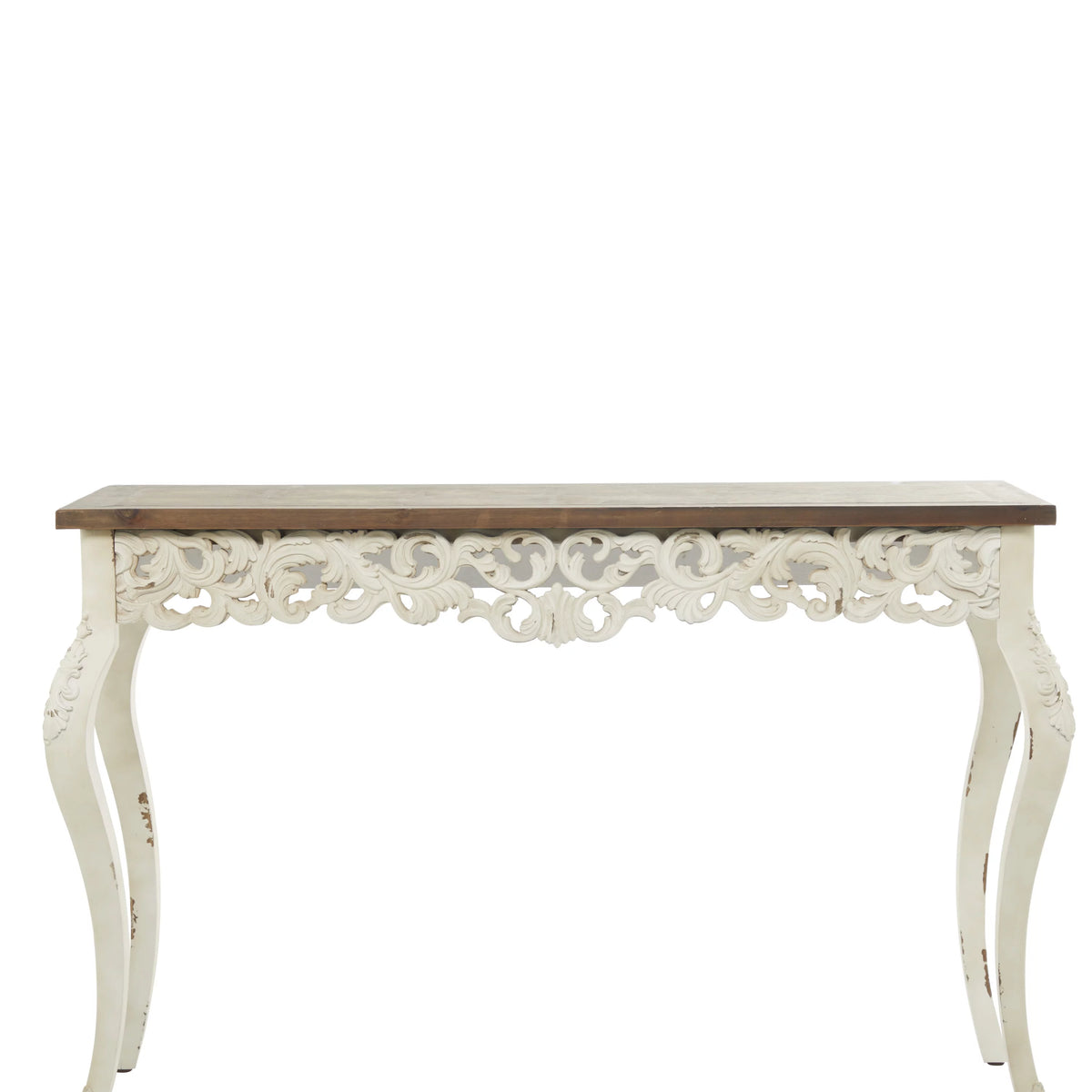 46" x 30" White Wood Carved Console Table with Brown Wood Top T905284