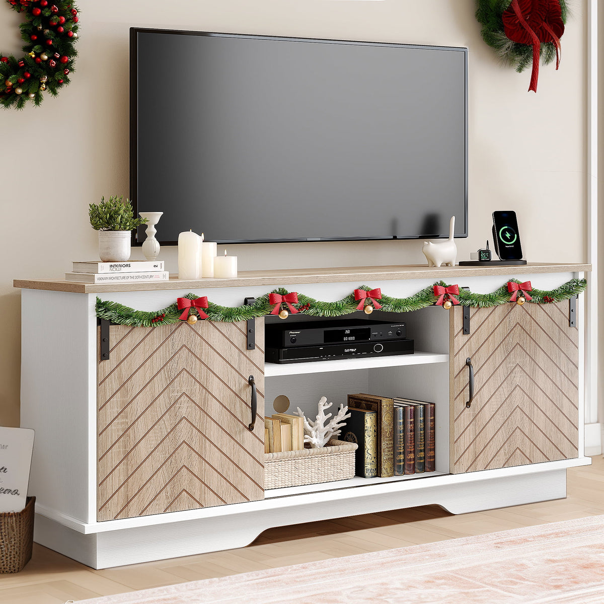 Oak Wood TV Stand with Outlets and USB Ports Y808341