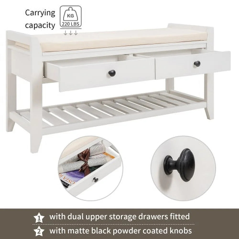 White Shoe Rack with Cushioned Seat and Drawers D99367