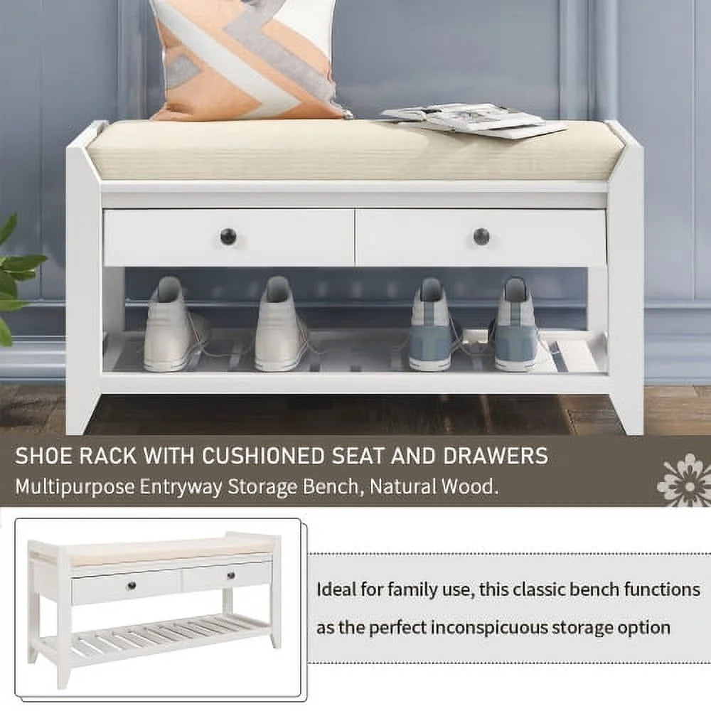 White Shoe Rack with Cushioned Seat and Drawers D99367
