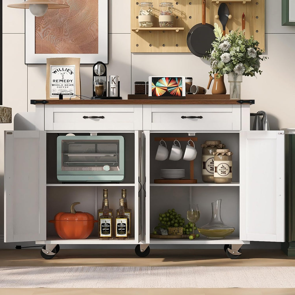 White Kitchen Island with Power Outlet and Drop Leaf V651371