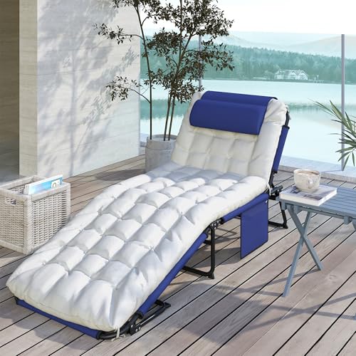 Folding Chaise Lounge with 4-Level Reclining Back, Cushion, Mesh Fabric, Side Pocket, Headrest, Gray P868
