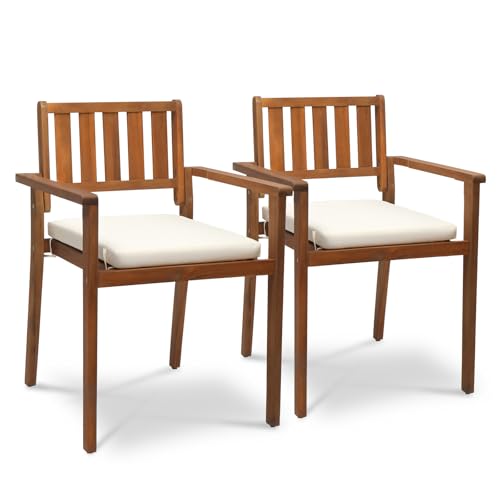 Acacia Wood Stackable Patio Dining Chairs Set of 4 with Cushions D7334