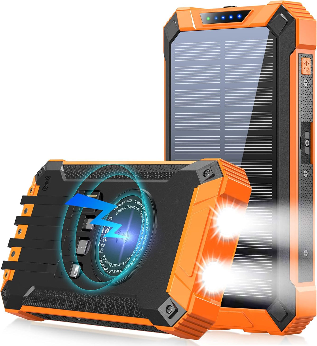 Solar Power Bank 36000mAh with Dual LED Flashlight IPX4 Waterproof Orange Pack of 2 V325587