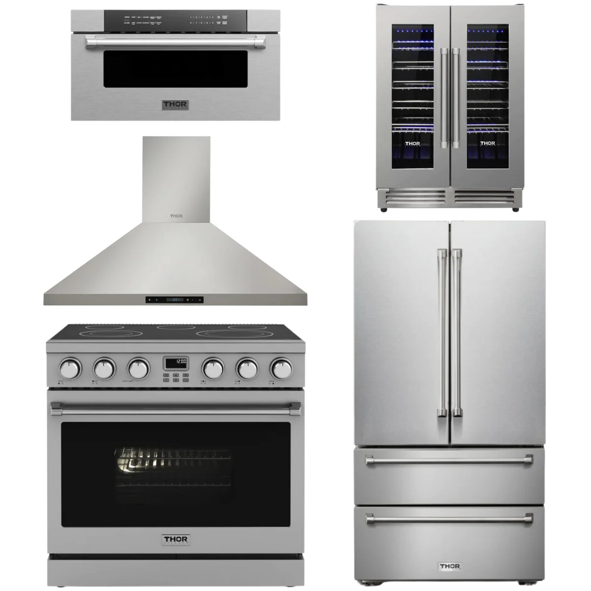 36 Electric Range, Range Hood, Refrigerator, Microwave and Wine Cooler X25008