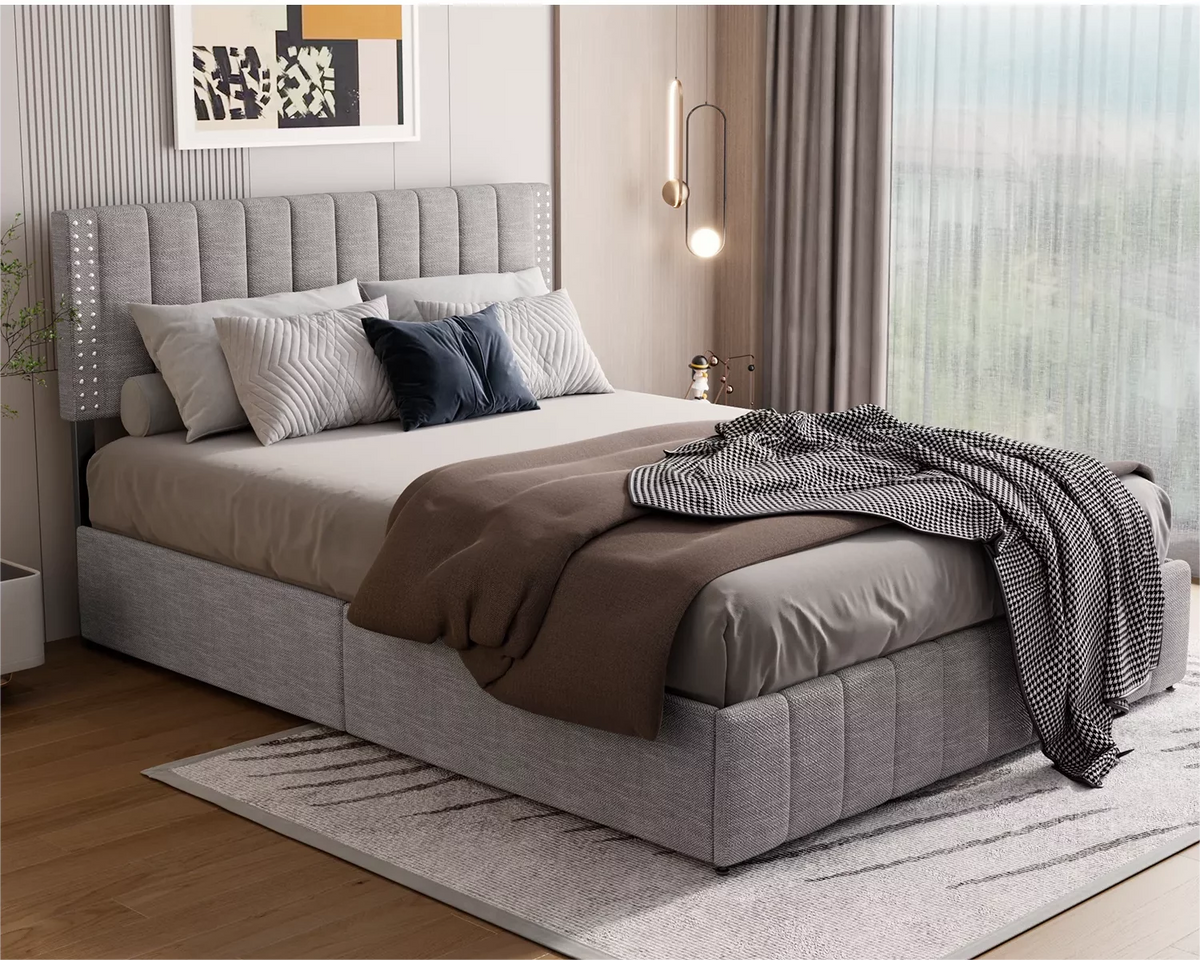 Queen Bed Frame with Adjustable Headboard and 4 Storage Drawers J4436