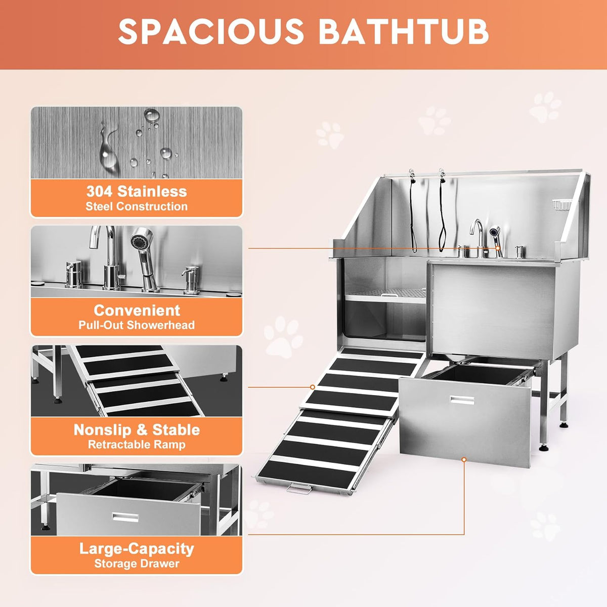 50 in. Stainless Steel Dog Grooming Tub with Ramp Q200685