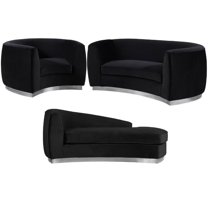 3-Piece Set with Accent Chair Chaise & Loveseat in Black and Chrome K16668