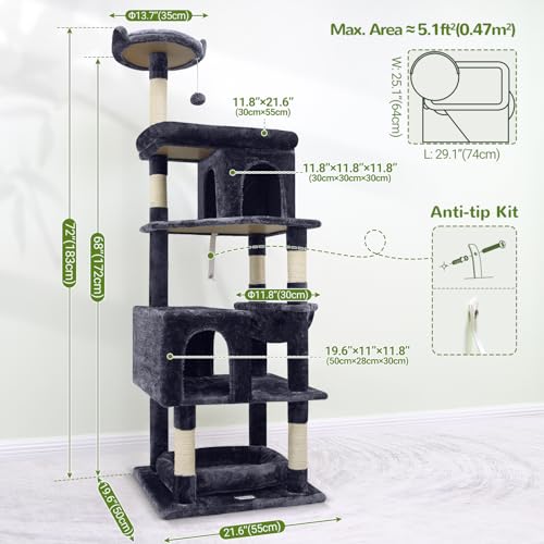 72in Dark Gray Cat Tree with 6 Scratching Posts F2236