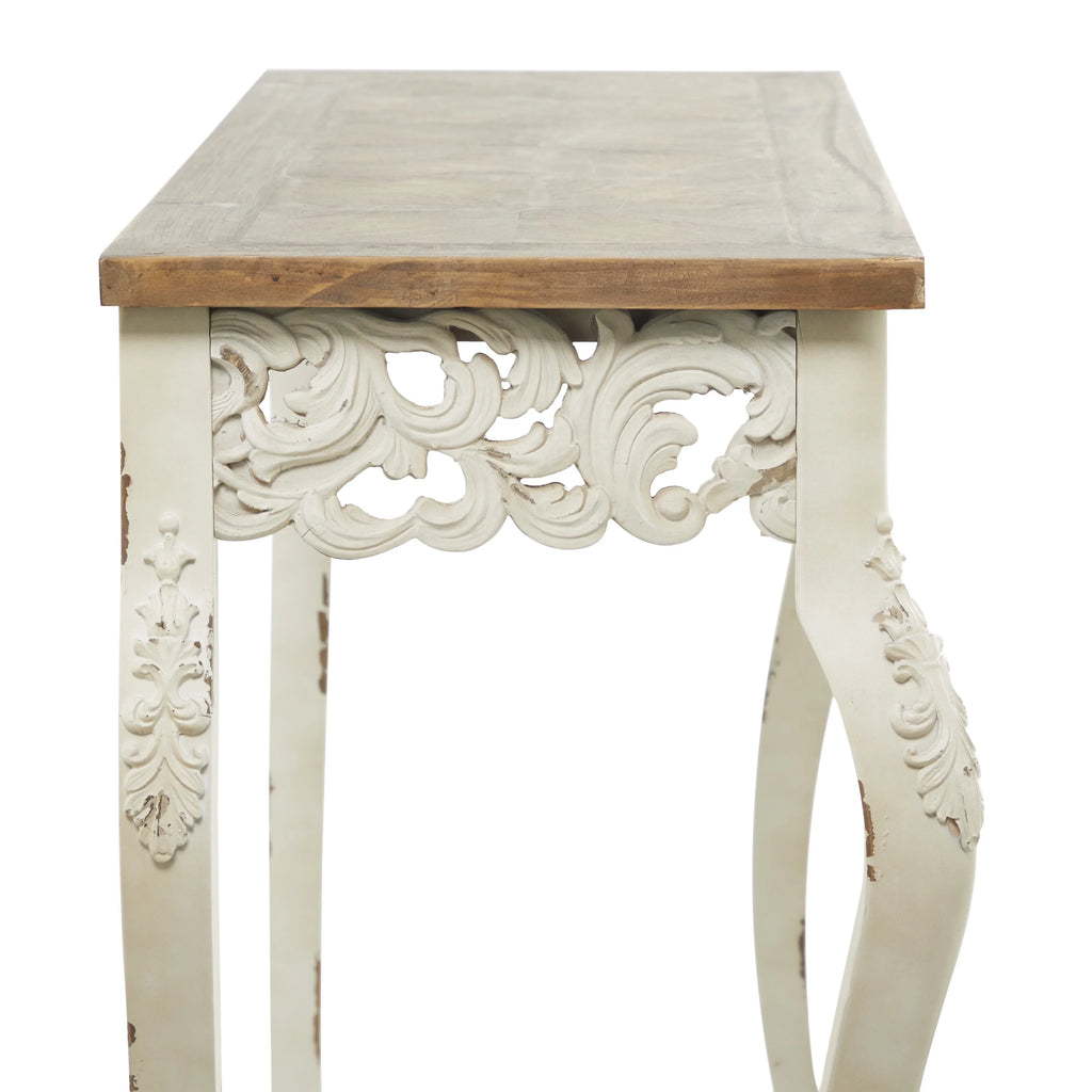 46" x 30" White Wood Carved Console Table with Brown Wood Top T905284