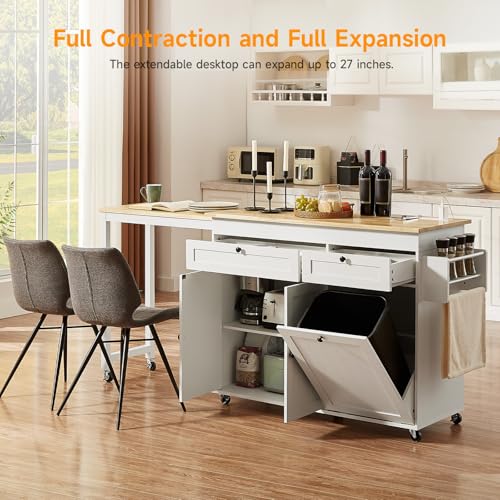 White Mobile Kitchen Island with Extendable Dining Table T317
