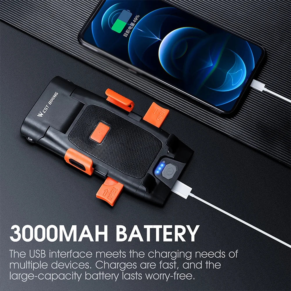 5in1 Bike Front Bracket Lamp Horn Mobilephone Holder Warning Bell Powerbanks USB Rechargeable Cycling Accessories N922