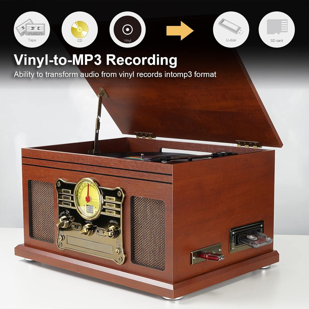 Mahogany Bluetooth Record Player Turntable with Speakers I91111