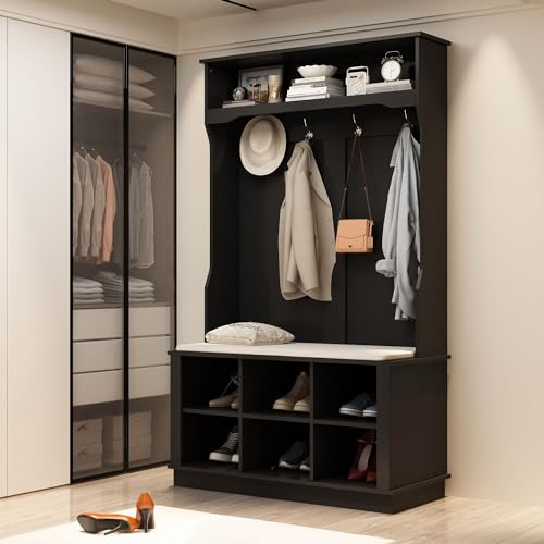 Grey Entryway Coat Rack with Storage Bench and Shoe Rack P6160