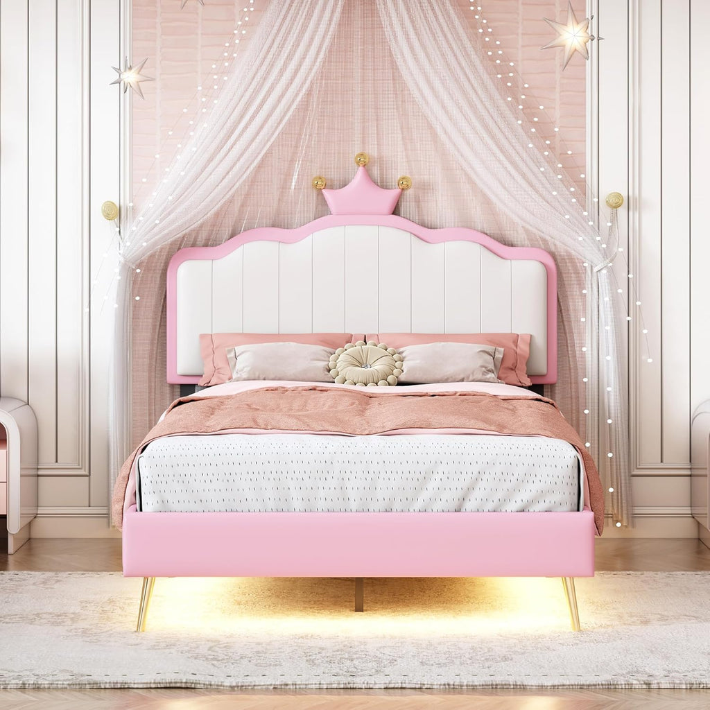 White and Pink Twin Upholstered Platform Bed with Light Strips and Golden Metal Legs U24376