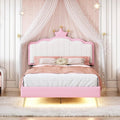White and Pink Twin Upholstered Platform Bed with Light Strips and Golden Metal Legs U24376