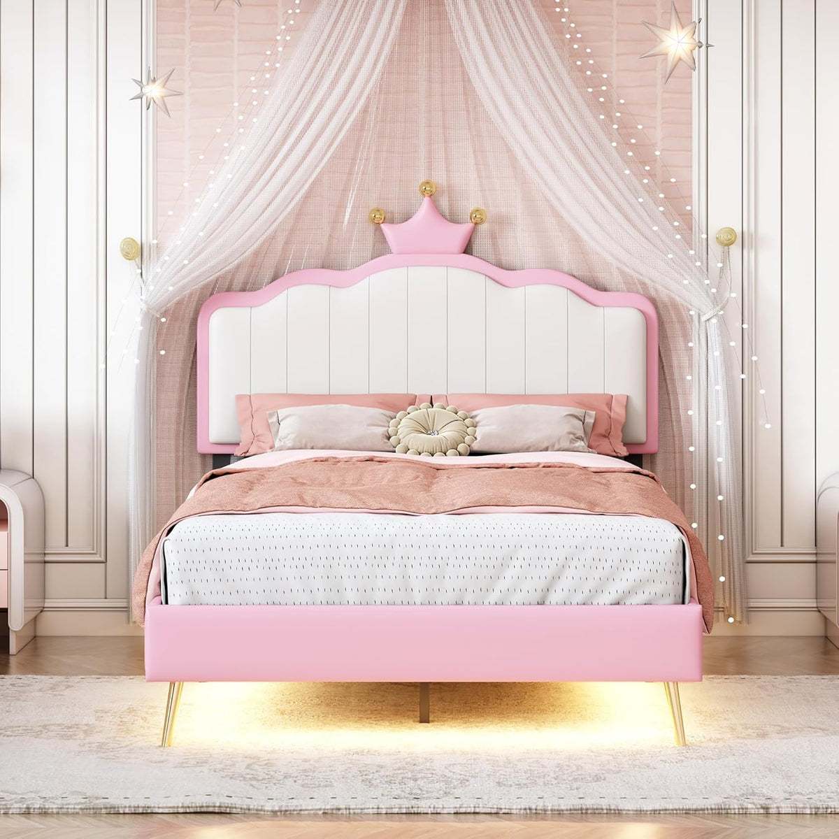 White and Pink Twin Upholstered Platform Bed with Light Strips and Golden Metal Legs U24376